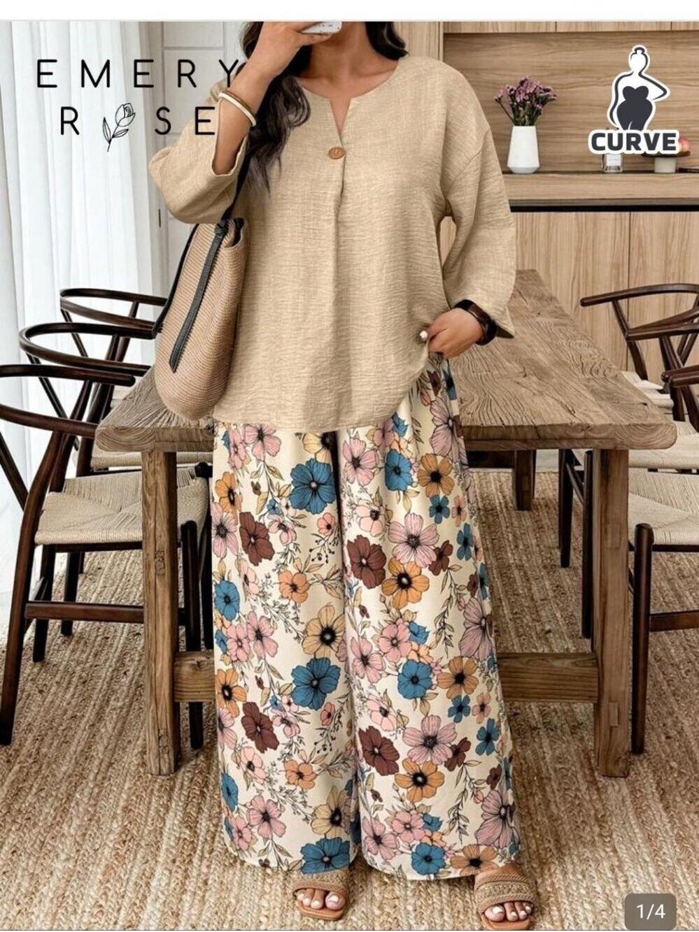 Emery Rose Curve Boho Floral Wide Leg Two Piece Set Beige Tan Plus Size 0XL/12